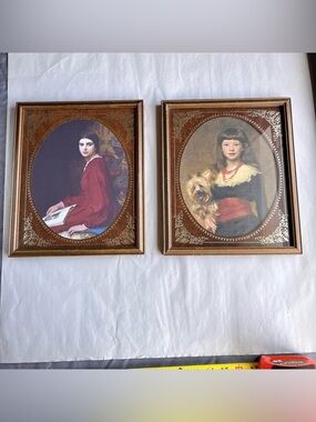 Vintage Wood Picture Photo Frames w/ Fine Art Prints-Set of 2